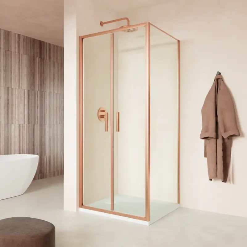 Ultimissimo Modello Box doccia slim 80x90cm con apertura saloon e parete fissa profili rame spazzolato e vetro 6mm trasparente anticalcare h190| Portofino