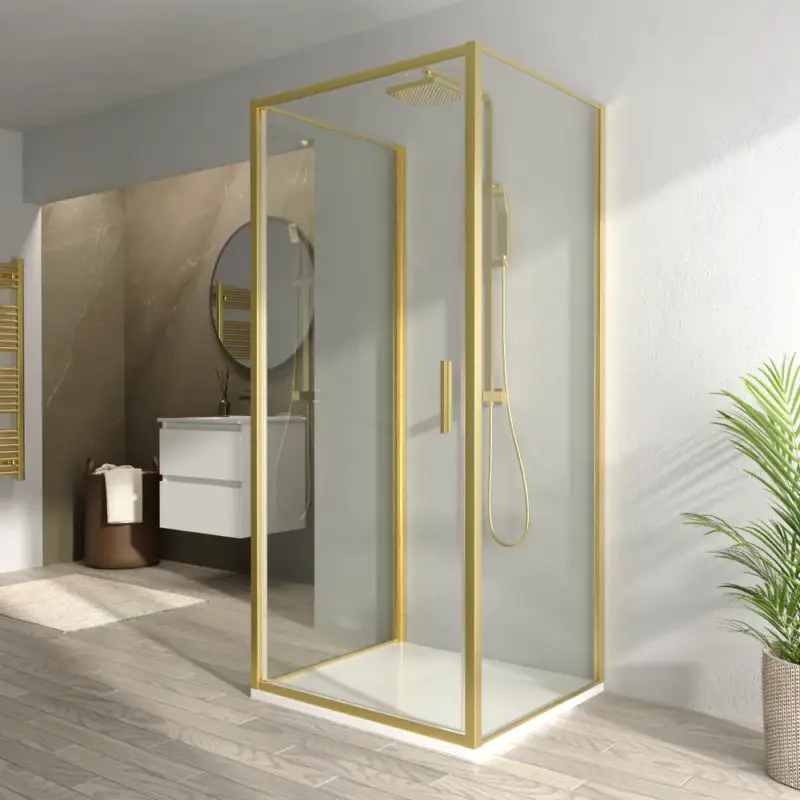 Box doccia 3 lati 70x75x70cm con porta a battente profili oro spazzolato vetro 6mm trasparente anticalcare h190| Portofino Ultima Occasione