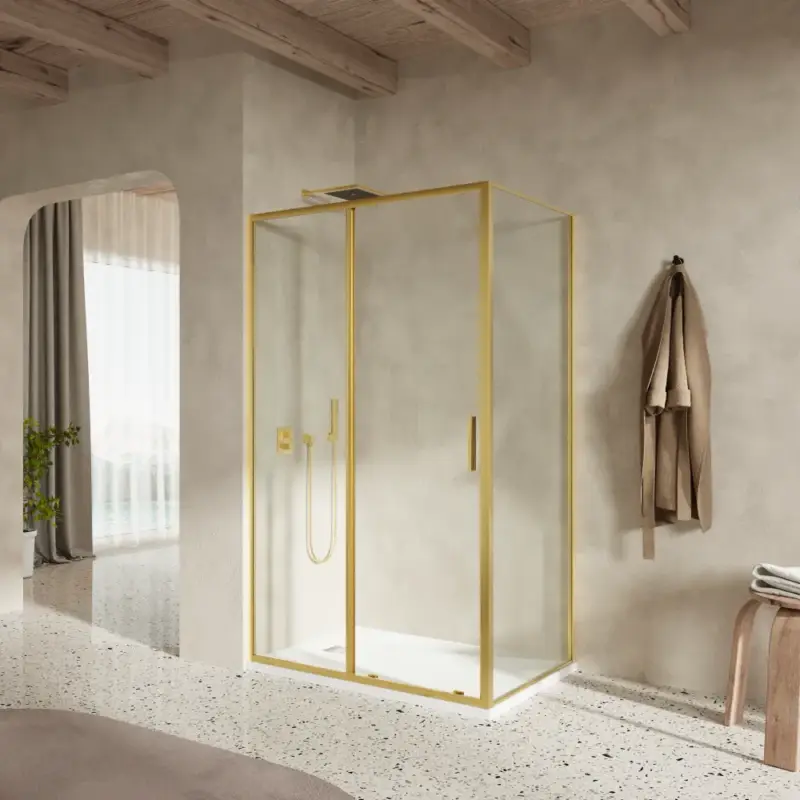 Prezzo Scontato Box doccia slim 140x70cm con porta scorrevole e parete fissa profili oro spazzolato e vetro 6mm trasparente anticalcare h190| Portofino