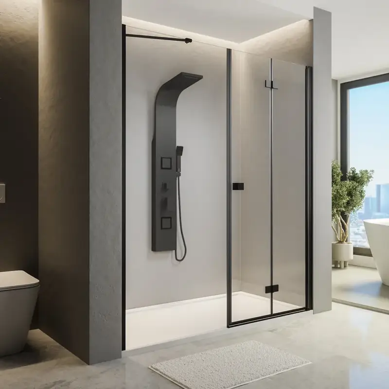 Compra Oggi Stesso Porta doccia 181-185cm profili in alluminio nero opaco apertura libro a destra con parete fissa vetro 8mm trasparente h195 | Fiji