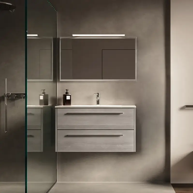 Mobile bagno sospeso 90cm rovere cenere due cassetti soft-close con lavabo e specchio | Aoki Offerta Speciale