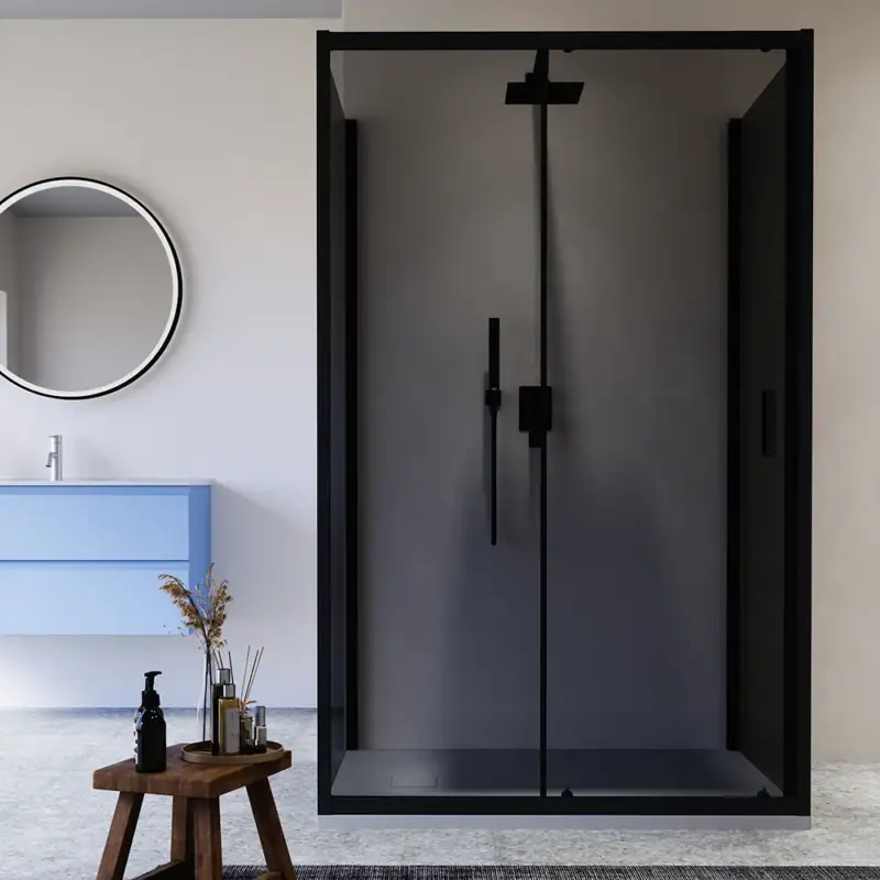Box doccia nero opaco 3 lati 80x135x80cm con porta scorrevole e doppia parete fissa vetro 6mm fumè h185cm | Madagascar Must-Have