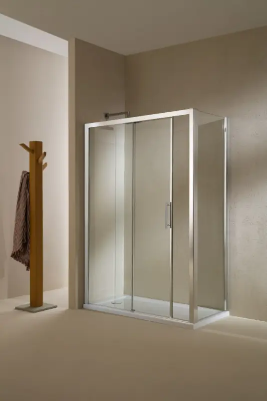 Acquista Ora SANDERRA Porta 1 anta scorrevole + 1 anta fissa finitura argento satinato 164 cm trasparente (misura 160/164 h.195)
