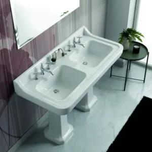 Economico VENICE lavabo consolle doppio bacino 125 cm. + doppia colonna ALBANO finitura bianco lucido