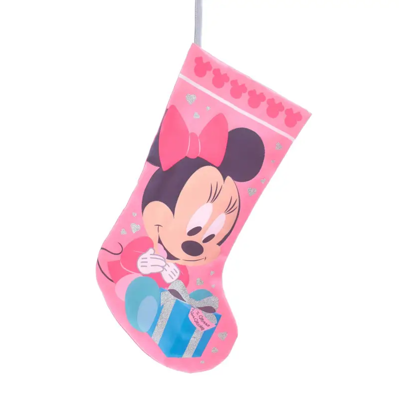 Calza Disney Minnie baby Christmas InspirationCalza in stoffa, rifiniture in argento e colori prevalenti rosa e bianco. Quantità Limitata