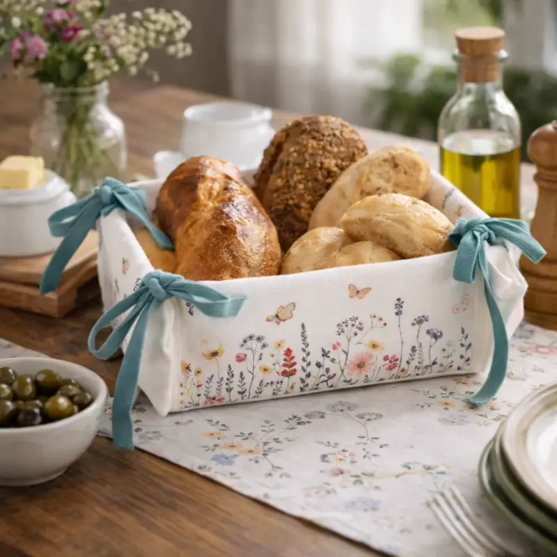 Acquista Ora Cestino per Pane in Cotone Motivo Floreale Colore Bianco e Verde Acqua