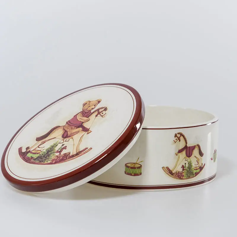 Prezzo Conveniente Scatola Portabiscotti Natalizia Tonda in Ceramica Decorata Bianca e Rossa Ø 20 cm