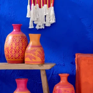 Di Tendenza Vaso in Ceramica Collo Stretto Decori Foglie e Fiori Arancione h 43 cm