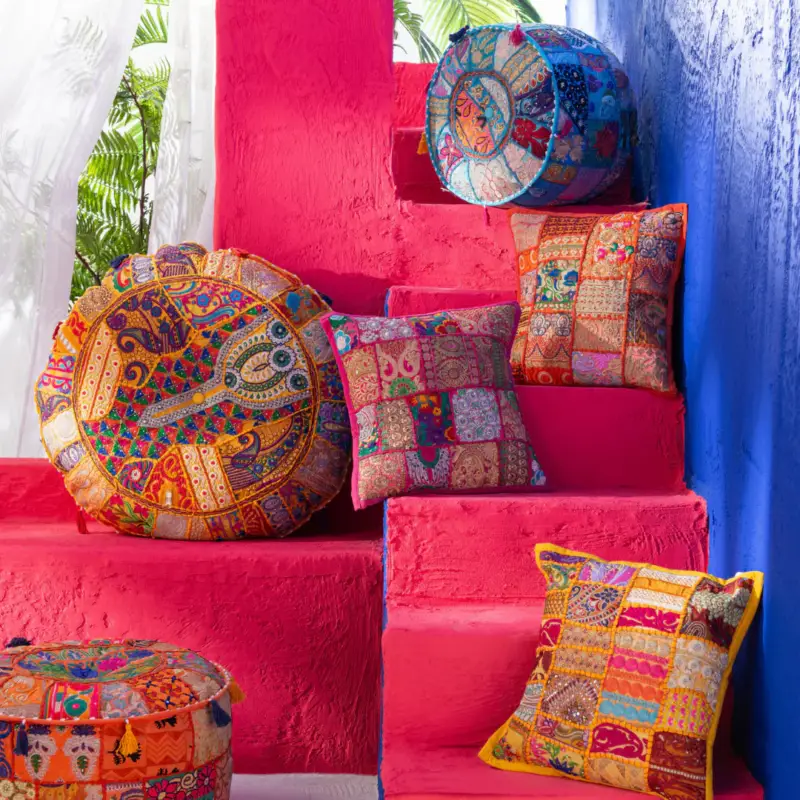 Pouf Rotondo Patchwork Multicolor in Cotone Popolare