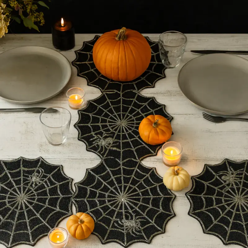 Runner Ragnatela Halloween 33x95 cm in Cotone Nero e Perline - Viron Promozione