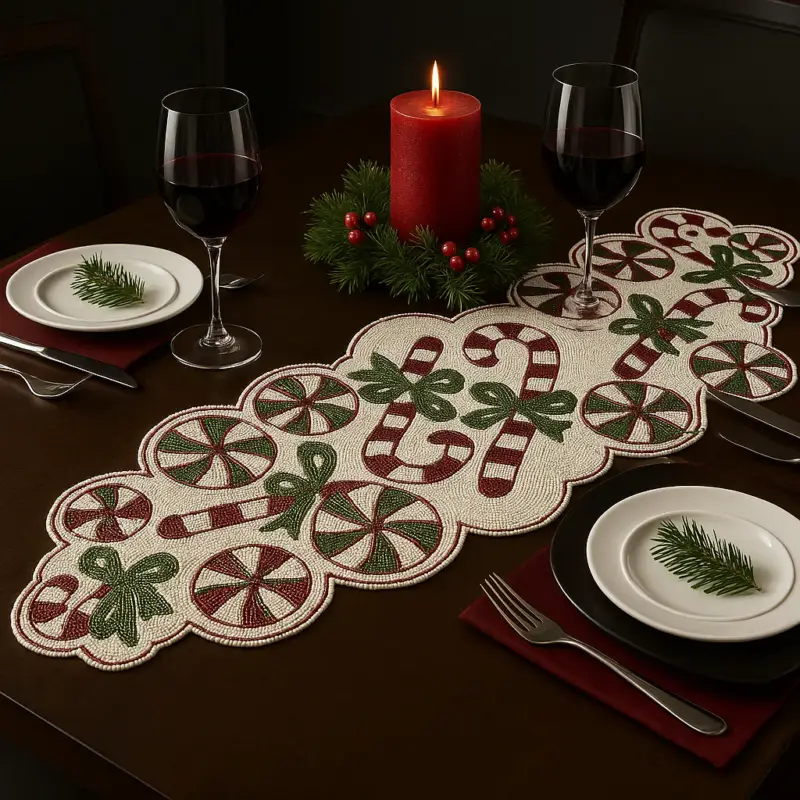 Runner di Natale Candy Cane 33x95 cm in Cotone e Perline Bianco e Rosso - Viron Ultime Pezzi
