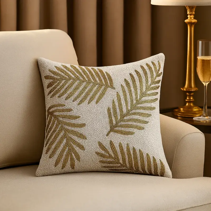 Federa Cuscino Felce 45x45 cm in Cotone e Perline Bianco e Oro Miglior Prezzo