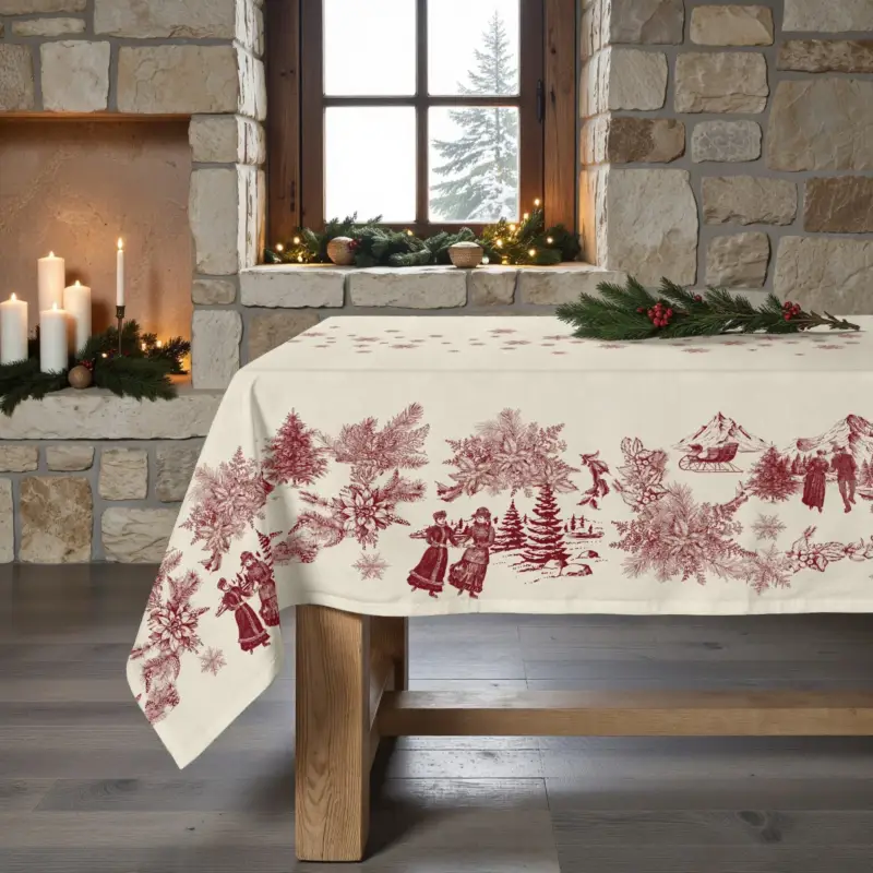 Consegna Rapida Tovaglia di Natale con Disegno Paesaggio Invernare Rosso 155X250 cm - Toile