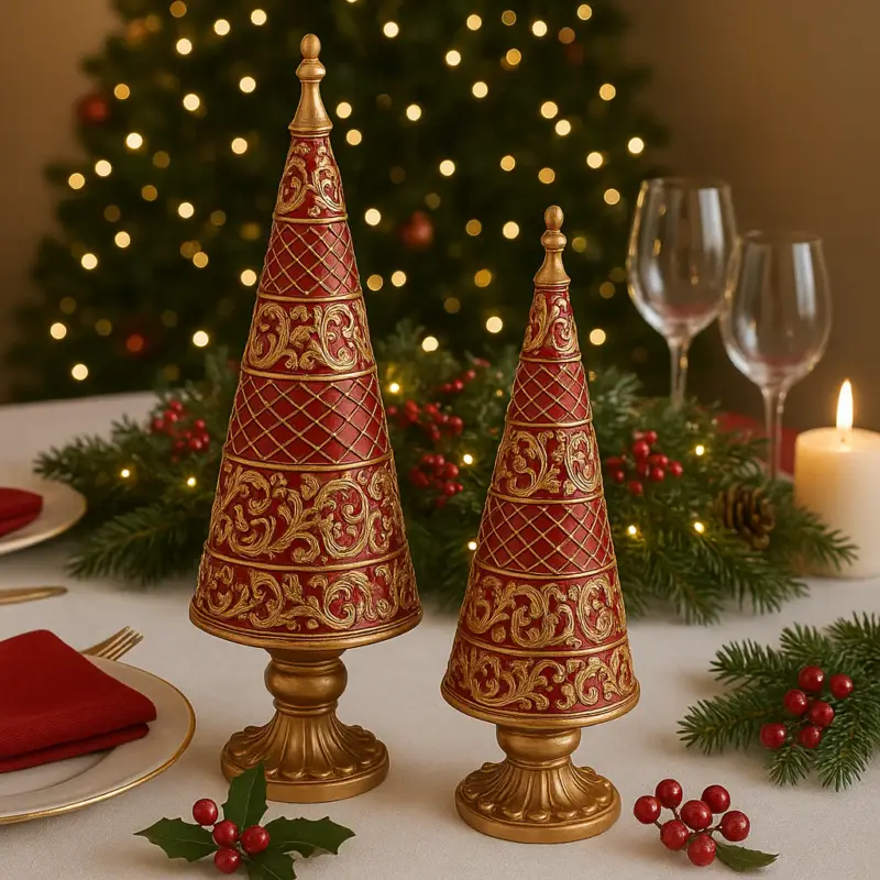 Albero Natale Statuetta Decorativa Natalizia Colore Rosso e Oro h 40 cm - Virón Prezzo Scontato