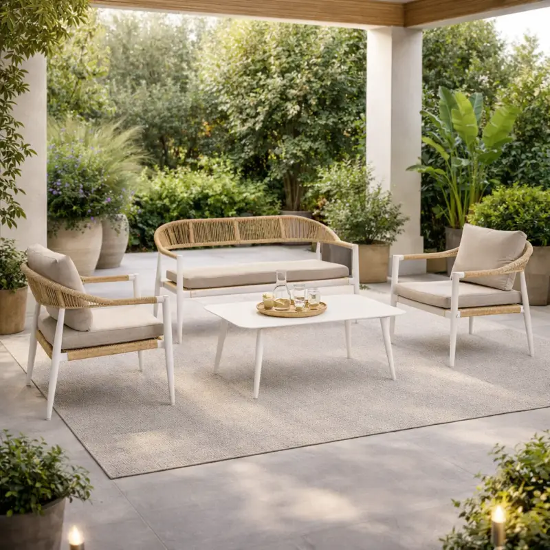 Spedito Oggi Salotto con poltrone e tavolino "Jandia" struttura in alluminio per veranda e giardino