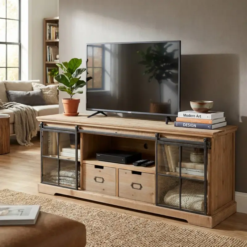 Acquista Ora Mobile in legno "Dorian" con 1 ripiano, 2 cassetti e 2 ante in vetro, 160 x 45,5 x 60 h