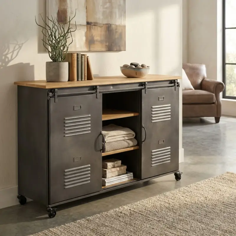 Sconto Mobile in ferro "Gabriel" con 3 ripiani e 2 ante scorrevoli, 116 x 40 x 77 h cm