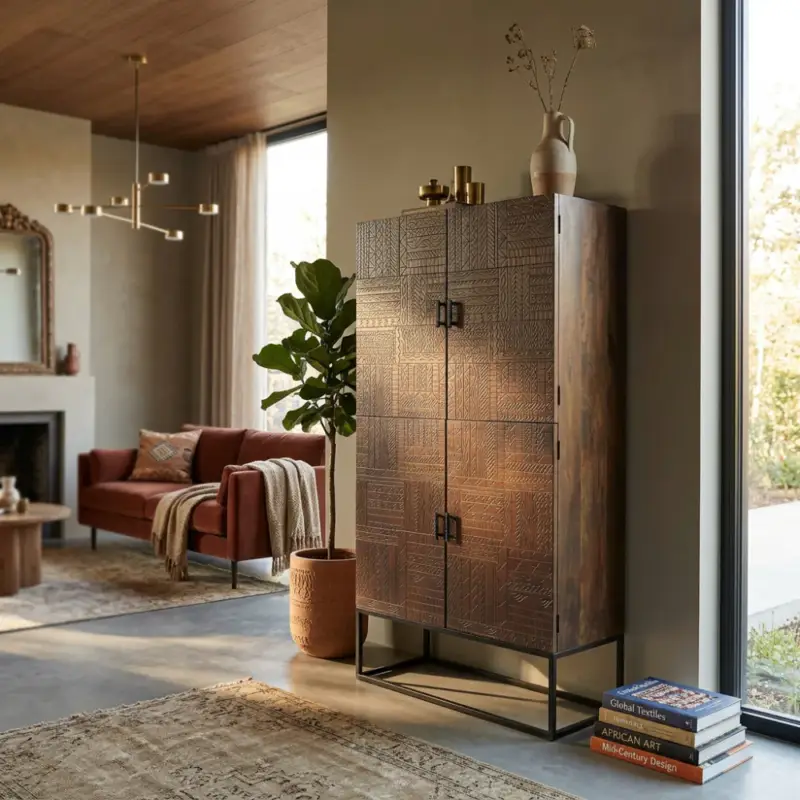 Mobile in legno "Harvey" con decoro wengé con 4 ante in legno di mango con struttura in ferro, 96 x 46 x 182 h cm Direttamente Dal Produttore