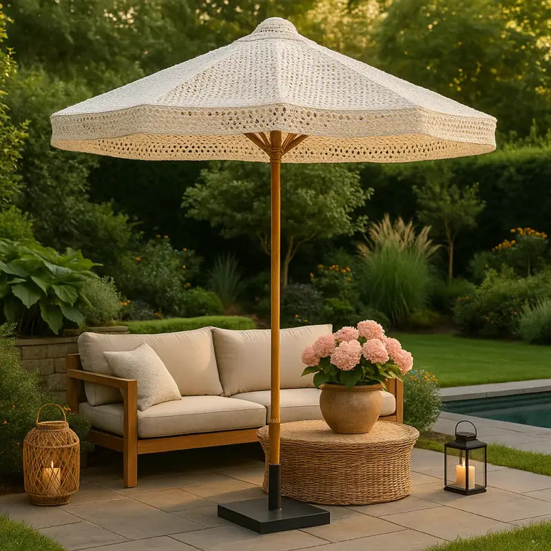 Ombrellone "Macrame" con struttura in legno di acacia e base in acciaio, da ø 180 cm Economico