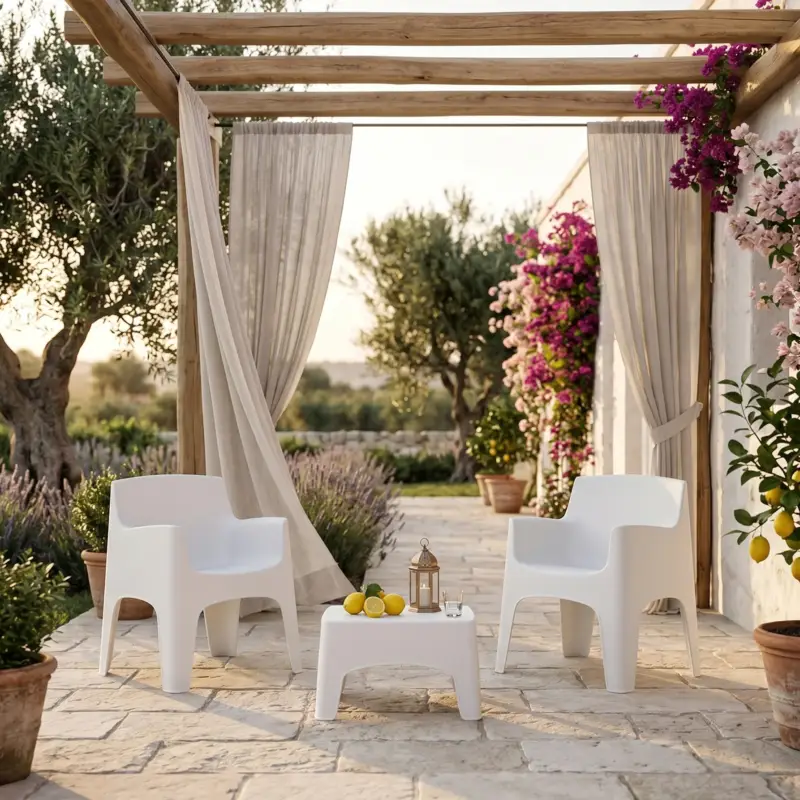 Salottino "Portofino" struttura in polipropilene Bianco per veranda e giardino Pagamento Sicuro