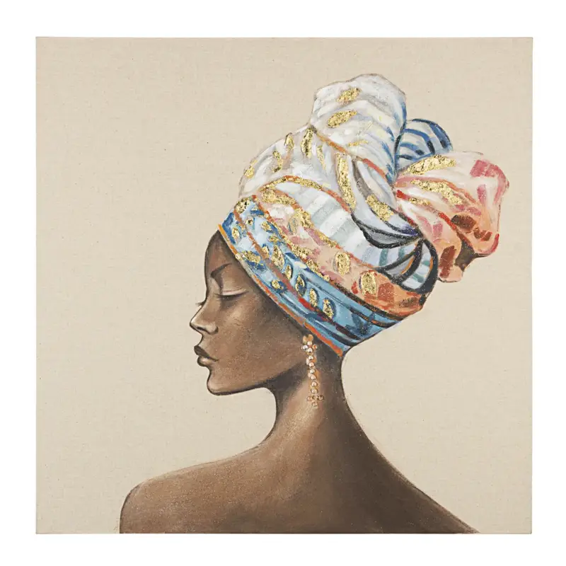 Compra Online Quadro moderno donna africana con turbante Olio su tela Oro su Beige 80 X 80 cm Village