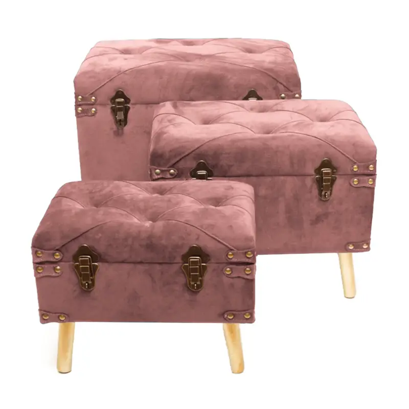 Set 3 Pouf contenitori in velluto per arredamento moderno Bauli con piedi in legno h 48 cm Prezzo Di Fabbrica