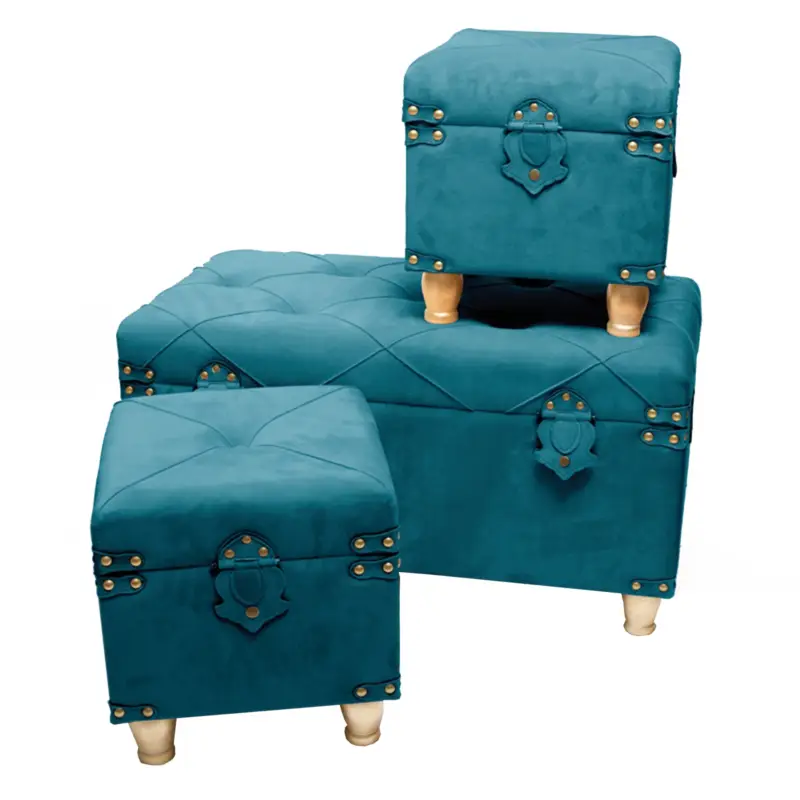 Prezzo Ridotto Set 3 Pouf contenitori in velluto per arredamento moderno Bauli con piedi in legno h 33 cm